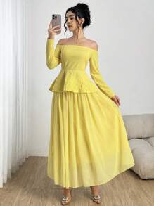 Modelyn 女式法式露肩刺绣束腰上衣 2 件套 - 黃色 - 查看 6
