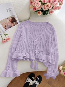 SHEIN Privé Plus Size Women's Bohemian Style Hollow-Out Knit Beach Cardigan With Long Sleeve, Tassels, Comfortable & Casual For Spring/Summer