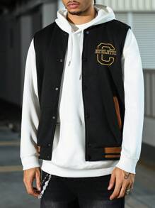 Manfinity Homme 男士秋冬休闲撞色条纹背心 男士运动夹克 棒球夹克 男士橄榄球夹克 运动夹克 男士无袖橄榄球夹克 - 黑色 - 查看 6