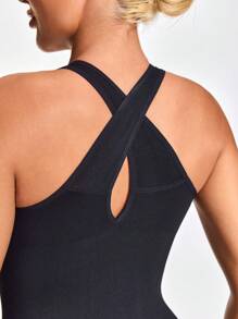 SHAPORA 女式纯色 V 领吊带背心式短款紧身连衣裙，休闲 - 黑色 - 查看 4