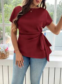 Reflora 1 件大码女式纯色蝙蝠袖系带侧结休闲衬衫，夏季