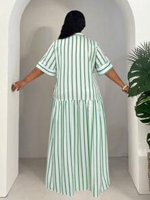 Slaydiva Đầm sơ mi ngắn tay kẻ sọc cỡ lớn dành cho nữ, phong cách tối giản. - màu xanh lá - Xem 2