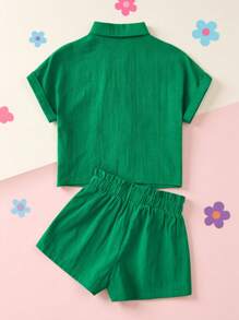 SHEIN 小女童翻蓋細節蝙蝠袖襯衫和紙袋腰短褲 - 綠色 - 查看 2