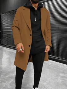 Manfinity Homme 男士纯色翻领长袖单排扣休闲大衣男士外套男士冬季外套棕色外套驼色外套。送给男朋友或丈夫的绝佳礼物。 - 摩卡棕 - 查看 5