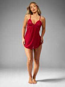 MISSGUIDED Elegant Lace Trimmed Satin Babydoll Nightgown Adjustable Cross Back Strap Lounge Sleep Dress Nightwear Honeymoon Essential Lingerie - Red - View 4