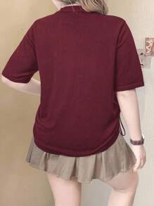 EMERY ROSE Plus Size Women's Solid Color Short Sleeve Drawstring Hem Casual Single Breasted Cardigan Winter Fall Autumn - Burgundy - View 3