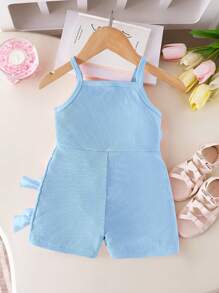 SHEIN 女婴休闲无袖弹性罗纹面料短款连体裤，带蝴蝶结装饰，粉色连体衣，适合夏季日常穿着 - 藍色 - 查看 2