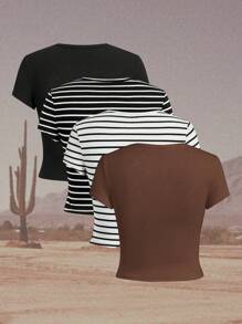 SHEIN EZwear 4pcs/Set Casual Minimalist Solid Color Versatile Round Neck Short Sleeve Fitted Cropped Women T-Shirts, Striped Fabric, Suitable For Daily Wear