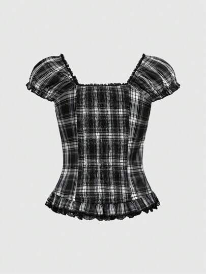 Goth Blouse à manches bouffantes avec ourlet à volants en dentelle contrastée et imprimé à carreaux, dans un style féminin pour femmes