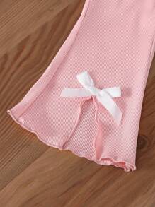 SHEIN Vintaside Kids 2 件套女婴休闲舒适黑色和卡其色不对称下摆裤带蝴蝶结装饰，夏季 - 白色 - 查看 4