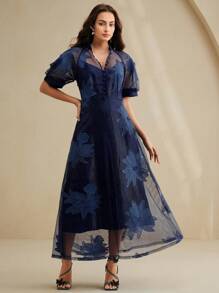 Anewsta Vestido elegante com manga bufante bordado casual para férias feminino