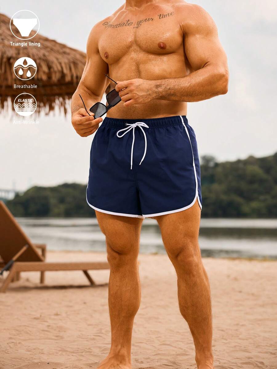 Manfinity Swimmode 男士休闲撞色饰边抽绳腰沙滩短裤，适合夏季、度假 - 藏蓝色 - 查看 1