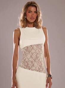 SHEIN BAE 女式黑色蕾丝拼布不对称无袖紧身连衣裙，性感度假透视连衣裙 - 杏色 - 查看 7