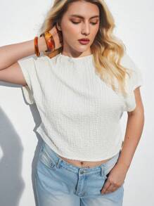 Maija Plus Size Women White Round Neck Casual Short Cap Sleeve Pleated Waist T-Shirt Romantic, Fashion, Versatile; Suitable For Summer Vacation, Comfortable, Stylish, Elegant, Casual, , Simple Daily Wear, Country Style, Essential, Solid Color, Holiday Casual, Decent, Single Lady, Ideal For Vacation Elegant Fashion Business Casual Woman Going Out Tops Graduation Going Out Tops Women Plus Size Cropped Tops Plus Size S Curvy Tops Plus Size Textured Tops Plus Size White Tops Fall Women Clothes Autumn Clothes - Beige - View 5