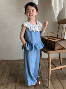 DAZY Ruffle Trim Denim Top And Pants 2-Piece Outfit For Young Girls - Light Wash - View 5