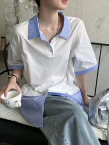 DAZY Women Regular Collar Striped Splice Short Sleeve Casual Korean Style T-Shirt