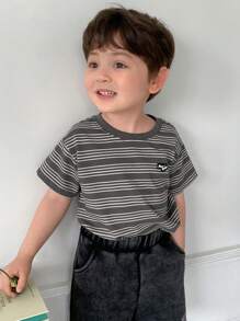Hapijoa 幼儿男童休闲圆领条纹皮革标签装饰短袖T恤 - 灰色 - 查看 8