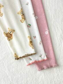 SHEIN LMoss Kids 6 件套女婴可爱卡通熊和花卉图案荷叶边圆领短袖上衣和裤子针织睡衣套装，休闲舒适 - 彩色 - 查看 3