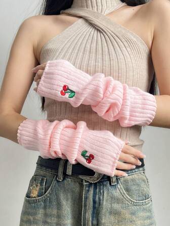 Kawaii 1 par de mangas de brazo dulces y lindas para mujeres, mangas bordadas con diseño de cereza estilo kawaii