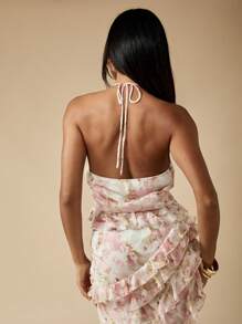 MISSGUIDED 花卉印花露背夏季衬衫，带褶饰，海滩度假晚会婚礼宾客上衣 - 彩色 - 查看 2