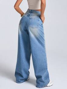 EURMUSE JEANS FEMME À LARGE JAMBE ET TAILLE BASSE - Jean bleu - Voir 2