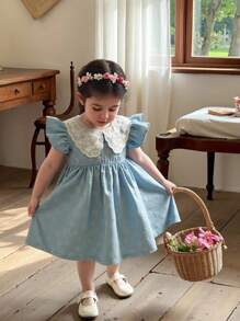 SHEIN Vintaside Kids Baby Mädchen süßes einfarbiges A-Linien Kleid mit Rüschenärmeln, Sommer