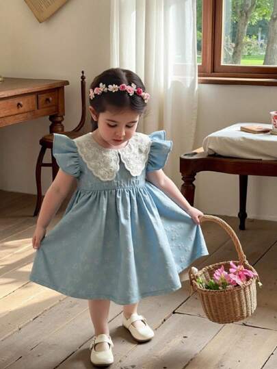 SHEIN Vintaside Kids Baby Girl Sweet Solid Color Ruffle Sleeve A-Line Dress, Summer