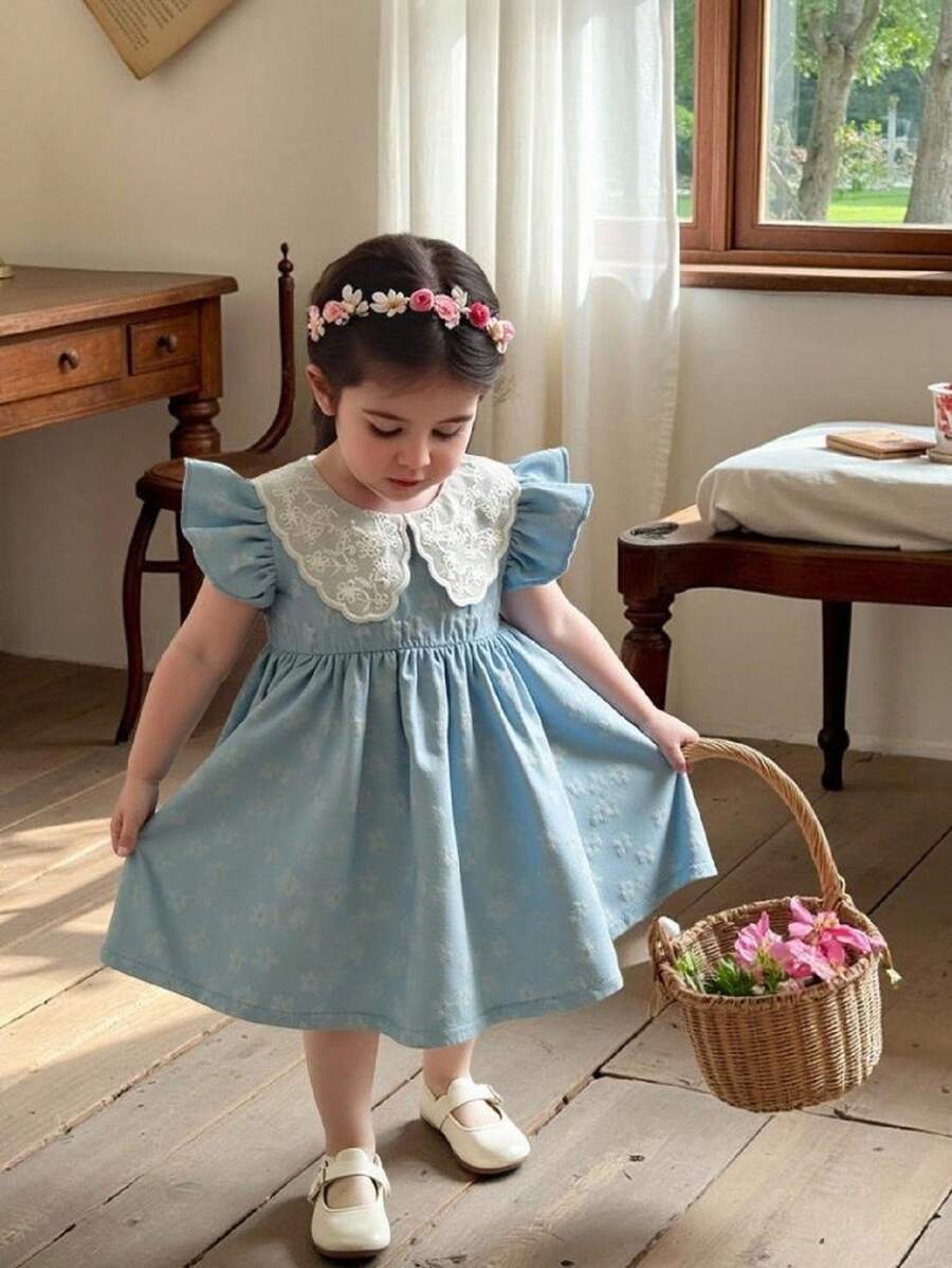 SHEIN Vintaside Kids Baby Mädchen süßes einfarbiges A-Linien Kleid mit Rüschenärmeln, Sommer