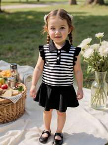 SHEIN 2-Piece Baby Girl Casual Fashion Preppy Style Lapel Striped Top And Versatile Skirt Set Suitable For Spring And Summer Preppy Style Daily Wear