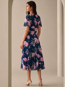 Lilora Women Floral Print Round Neck Casual Short Sleeve Dress Urban Style Round Neck Floral Short Sleeve Dress Out And About Urban Leisure, Romantic And Elegant, Going Out - Navy Blue - View 2