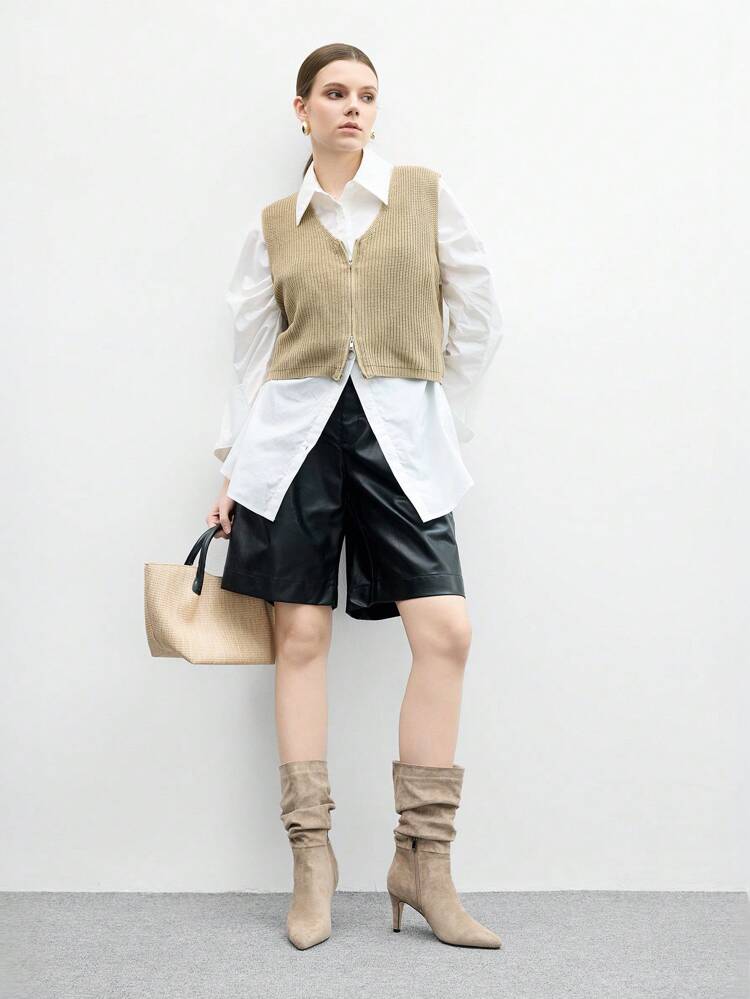 CUCCOO BIZCHIC Pointed Toe Kitten Heel Khaki Fashionable Slip-On Pleated Suede Mid-Calf Boots For Women For Christmas Spring Shoes