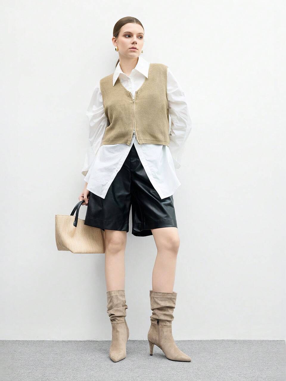 CUCCOO BIZCHIC Pointed Toe Kitten Heel Khaki Fashionable Slip-On Pleated Suede Mid-Calf Boots For Women For Christmas Spring Shoes
