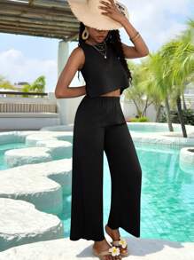 SHEIN Conjunto de 2 piezas para adolescentes formado por un chaleco sin mangas de unicolor tejido y pantalones anchos de pierna ancha de unicolor - Negro - Ver 3