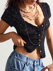 Bohemela 1pc Women Solid Knit Lace Short Sleeve V-Neck Fitted Top