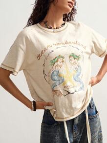 Bohemela 波西米亚风度假休闲美人鱼图案针织不对称领口女式 T 恤 - 杏色 - 查看 4