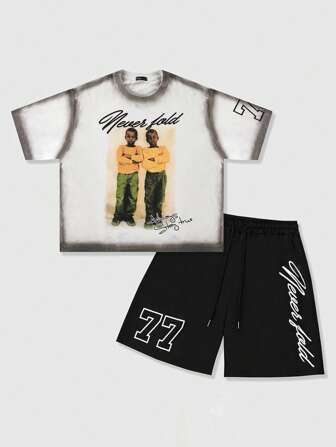 Street Life Conjunto de 2 piezas de camiseta de manga corta y pantalones cortos con estampado de letras y cifras en color salpicado y desgastado para hombres