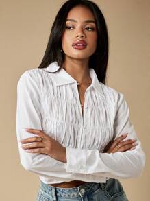 MISSGUIDED 褶饰前领纽扣长袖衬衫短款上衣休闲秋春时尚 - 白色 - 查看 4