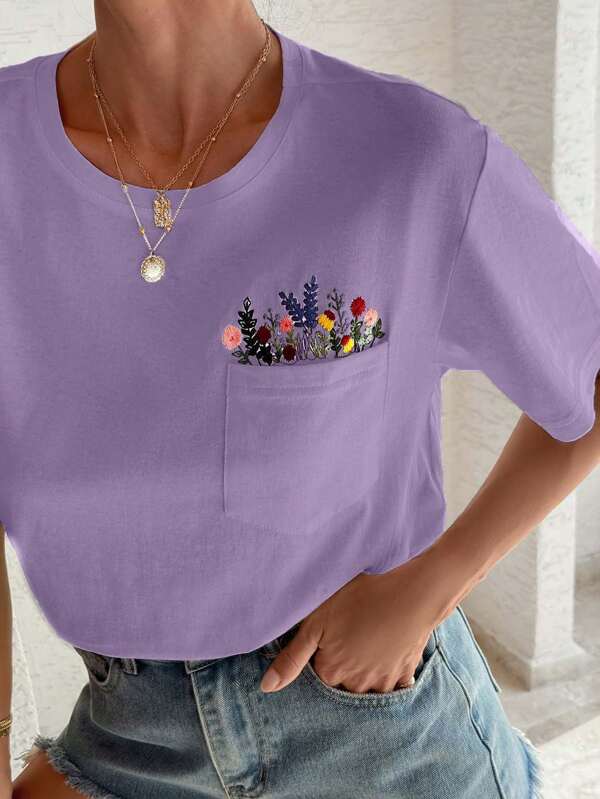 RueChic Tricou 100% bumbac cu broderie florală, guler rotund, detalii la buzunare
