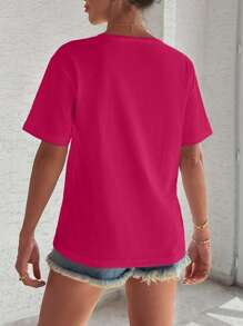 EURMUSE 100%Cotton T-Shirt With Flower Embroidery, Round Collar, Pocket Details - Hot Pink - View 2