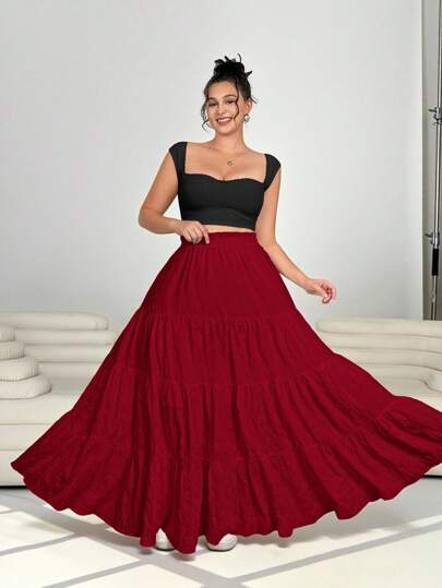 Solflare Plus Size Women's Long Flared Burgundy Skirt