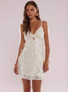 SHEIN BAE 女士纯色亮片前系带性感吊带迷你连衣裙 - 白色 - 查看 5