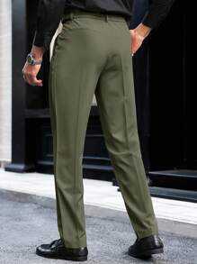 Manfinity Bizformal Pantalones casuales rectos y sueltos con bolsillo plisado de unicolor para hombres, pantalones verdes oliva, pantalones de traje plisados para hombres, otoño
