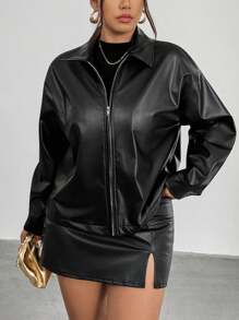 SHEIN CURVE+ Plus Size Women Black Long Sleeve PU Leather Jacket In Fall/Winter - Black - View 7