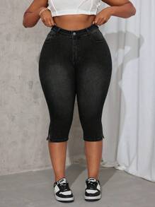 Plus Size Women Elastic Denim Capri Pants With Side Slit - Black - View 3