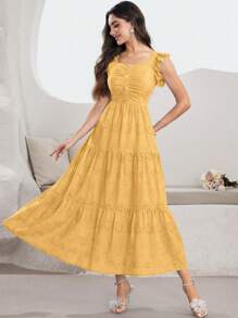 Modelyn Vestido con cuello cuadrado sin mangas, con adorno de volantes, botones de perla y bordado azul - Amarillo - Ver 5