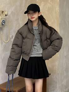 DAZY Mantel Pendek Kasual Warna Polos Berbantalan, Desain Korea Estetik untuk Remaja Putri - Grey - View 5