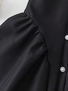 Vestido de Moda com Gola Peter Pan, Manga Bufante e Amarração na Cintura, Azul, para Meninas Pré-Adolescentes, Verão - Preto - Visão 5