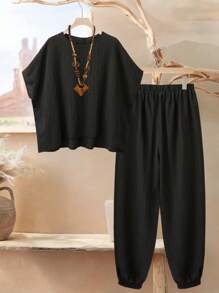 2pcs Plus Size Women Textured Summer Outfit Set, 2025 New Elegant Relaxed Style