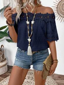 SHEIN LUNE Women's Off Shoulder Short Sleeve Textured Fabric With Lace Detail Vacation Shirt - Royal Blue - View 5