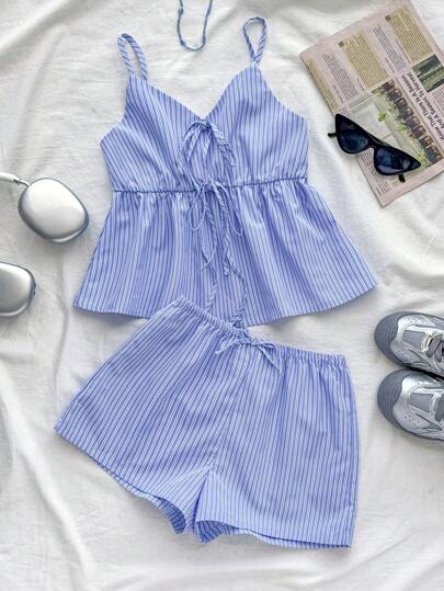 SHEIN Teen Girls Sets Summer Outfits Blue & Tie Front Tank Top With Bowknot – & Casual Summer Sets